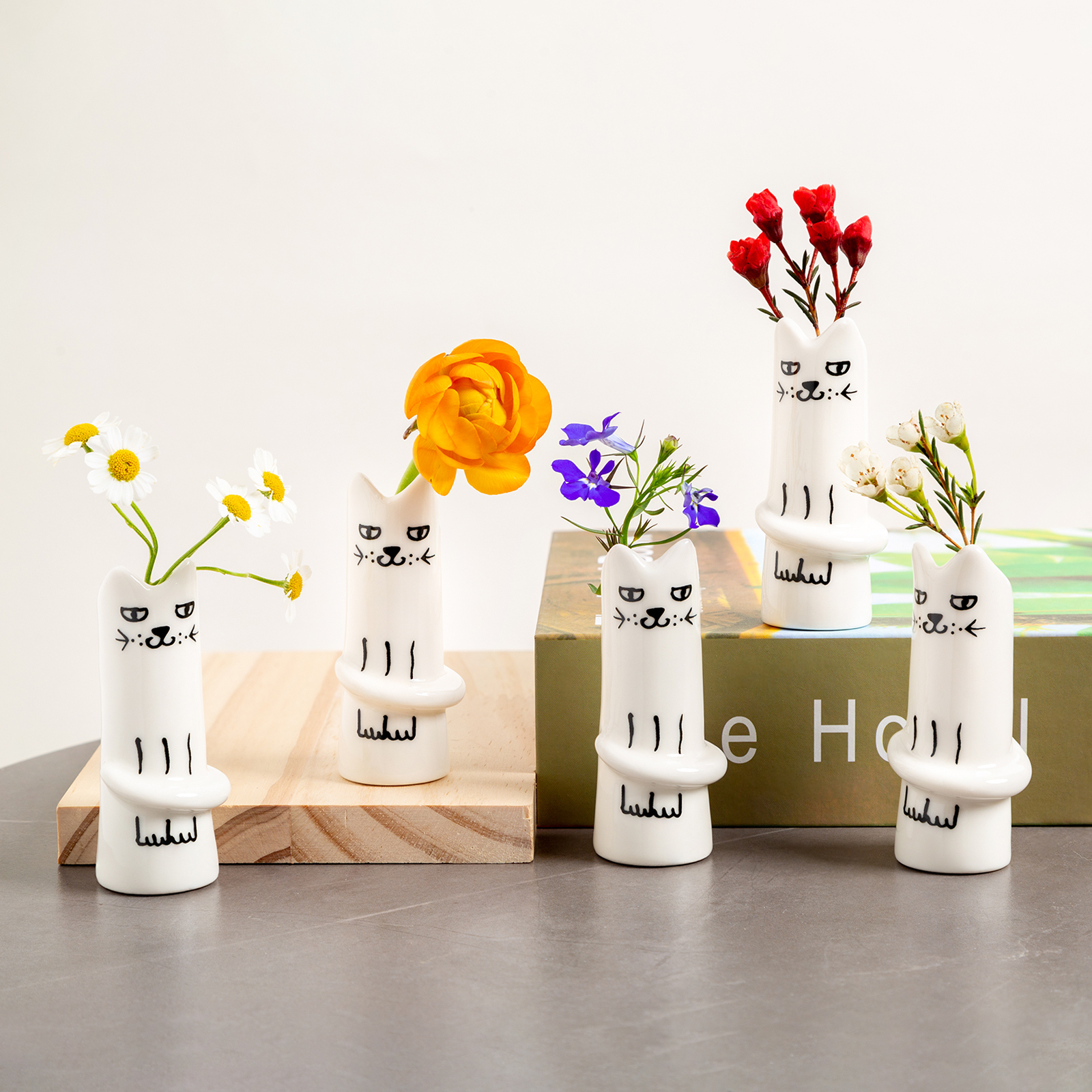 Set of 5 Handmade Ceramic Cat Vases - Mini Floral Decor