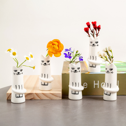 Set of 5 Handmade Ceramic Cat Vases - Mini Floral Decor