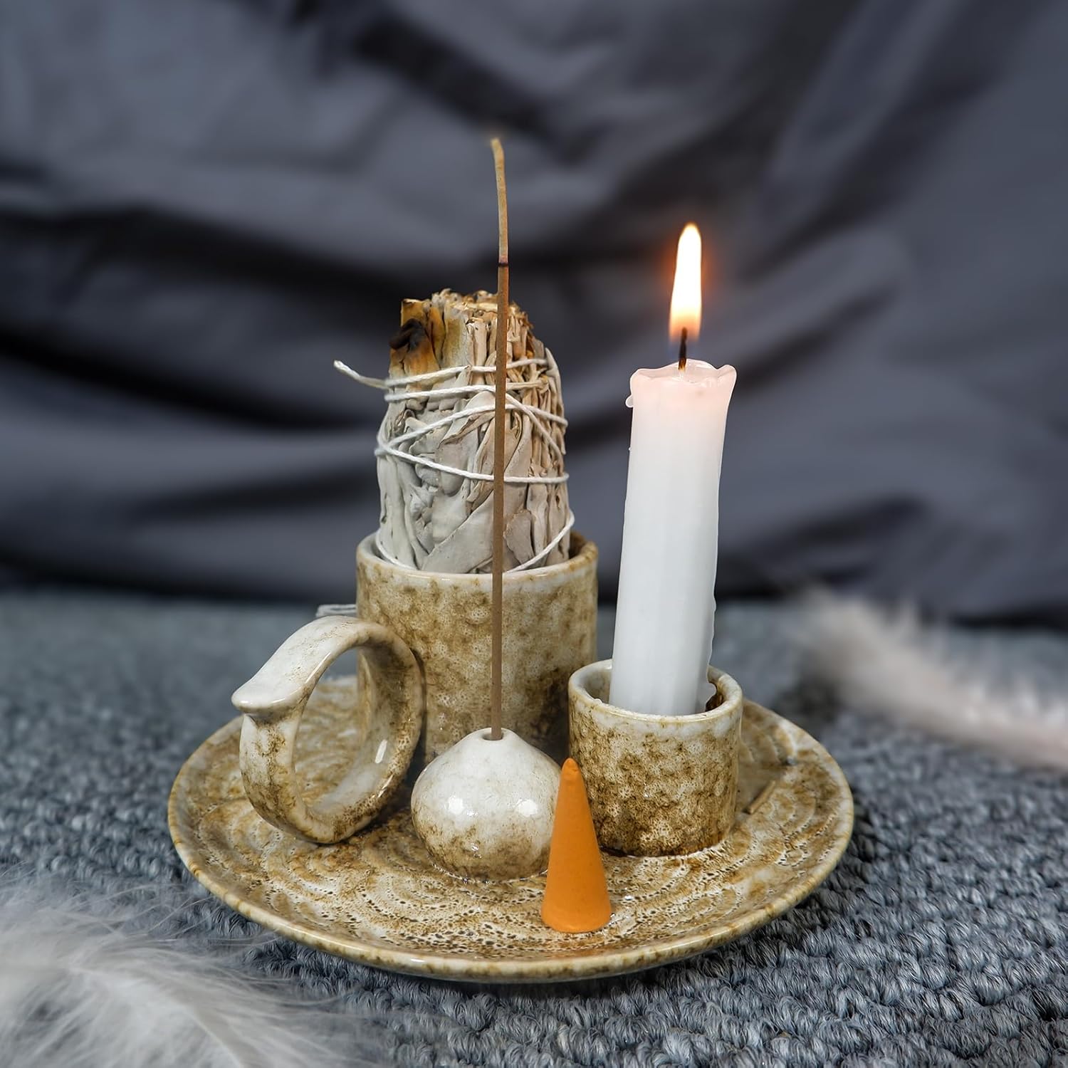 5-in-1 Ceramic Smudge Bowl - Incense & Candle Holder-MOUGIGI