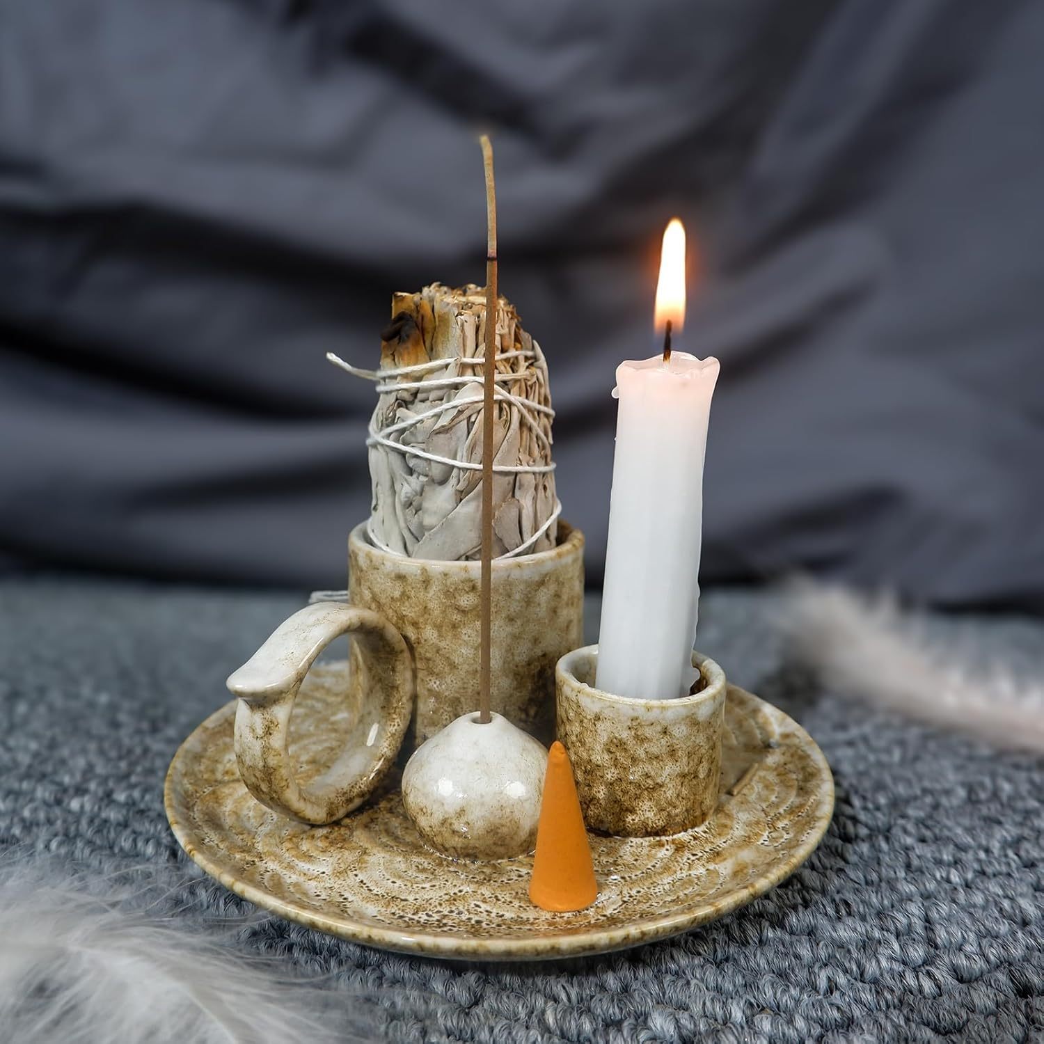 5-in-1 Ceramic Smudge Bowl - Incense & Candle Holder-MOUGIGI