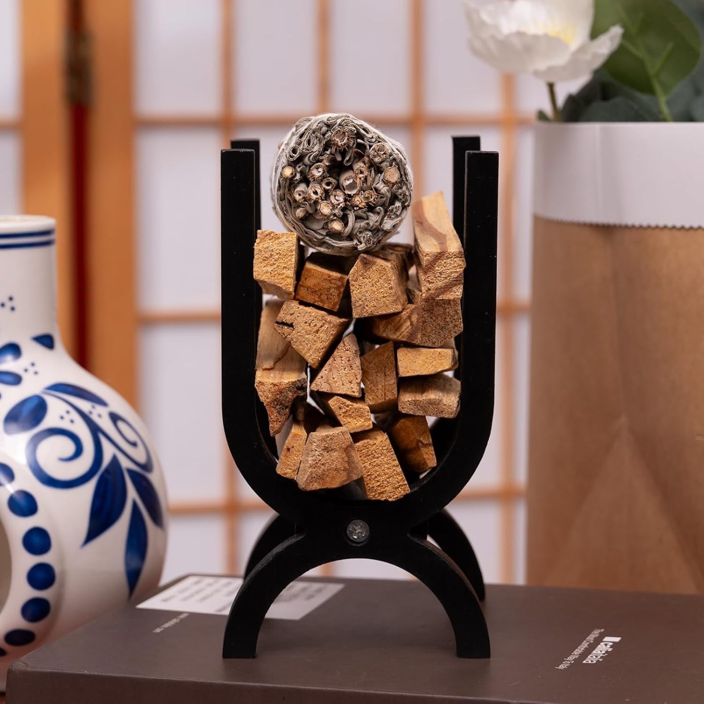 Natural Wood Palo Santo & Sage Holder with Storage-MOUGIGI