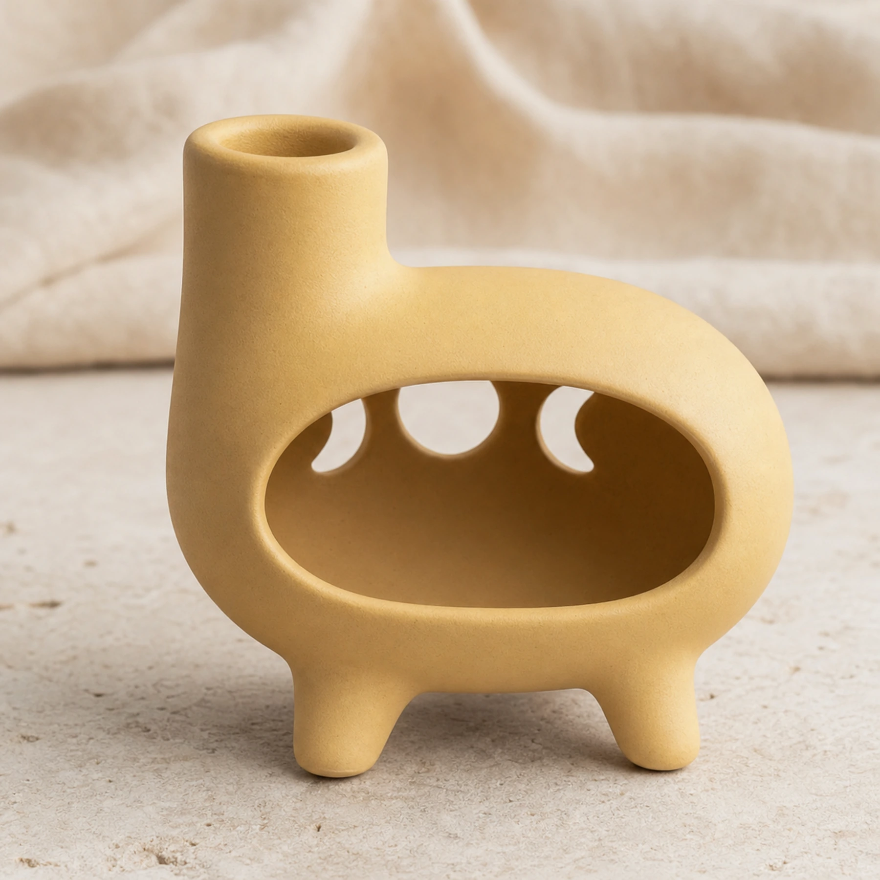Matte yellow ceramic Palo Santo holder rear moon cutouts and ceramic finish detail