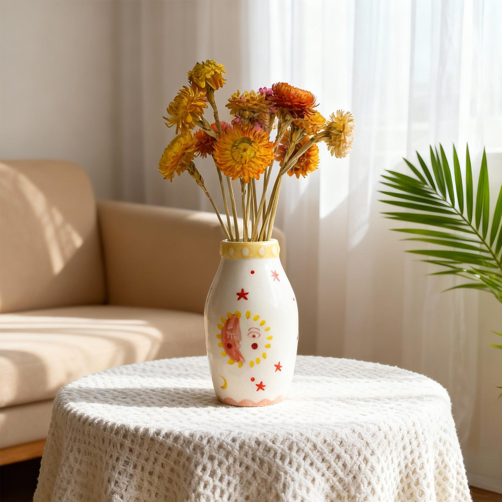 Sun & Moon Face Ceramic Vase - Boho Dried Flower Decor