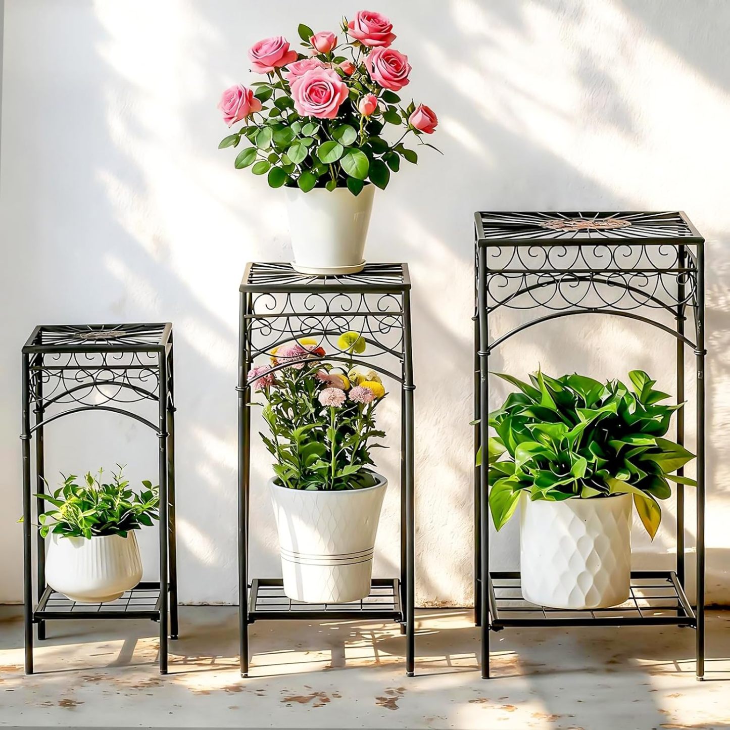 3-Piece Metal Plant Stand Set for Indoor & Outdoor-MOUGIGI