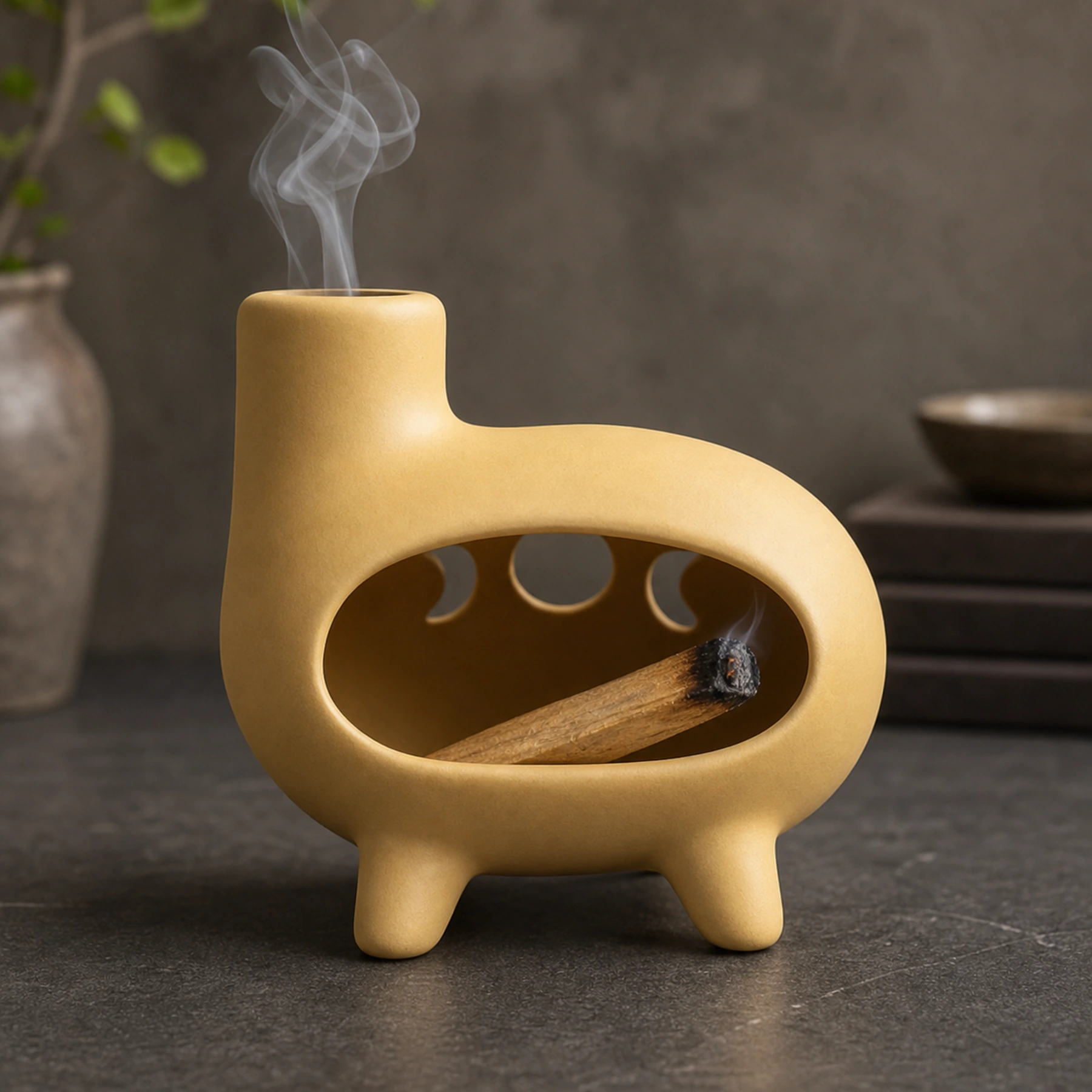 Matte yellow ceramic Palo Santo holder burning Palo Santo with smoke rising from the top chimney