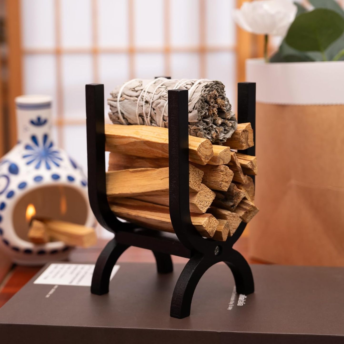 Natural Wood Palo Santo & Sage Holder with Storage-MOUGIGI