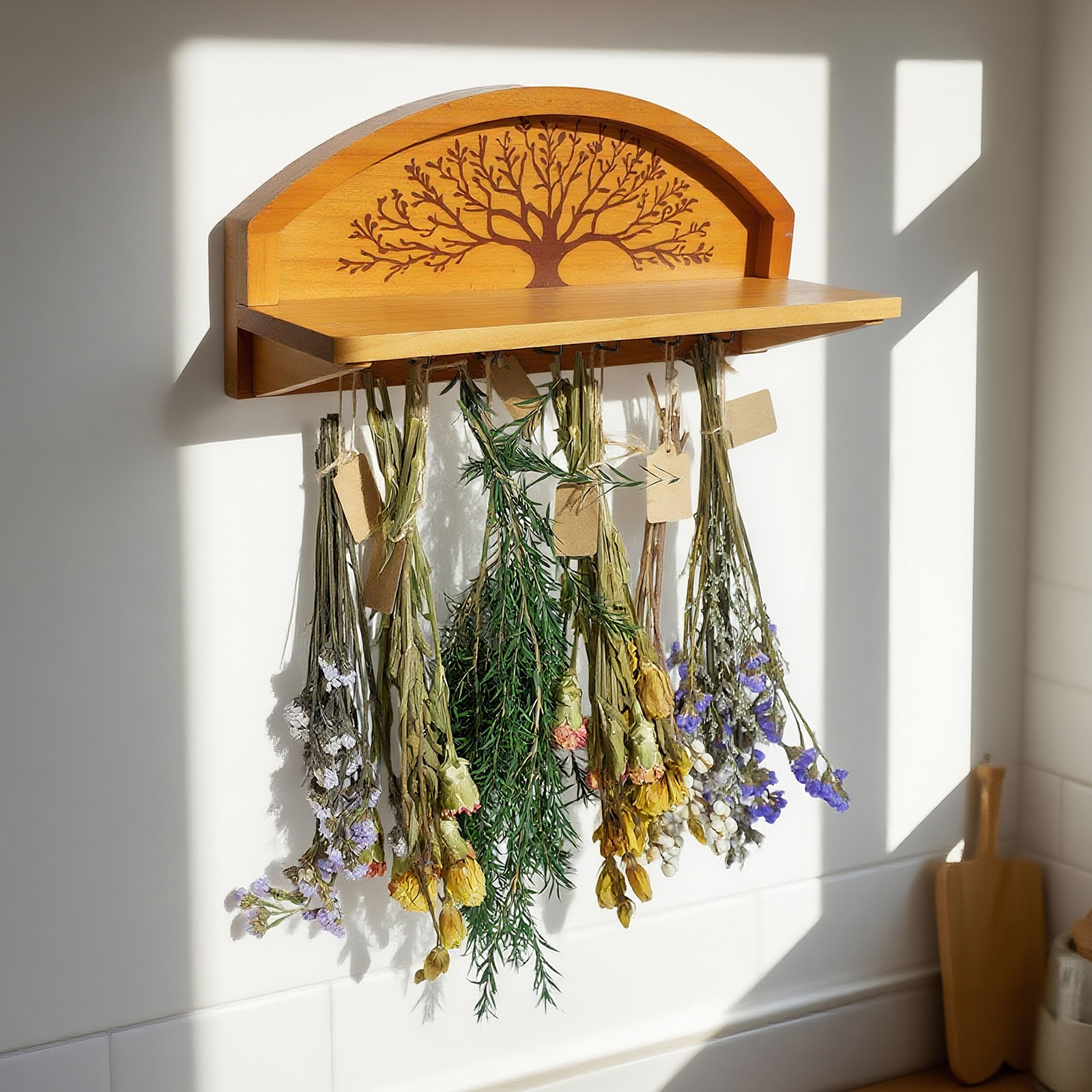 Gold Foil Tree of Life Herb Drying Rack - 7 Hook Wall Decor
