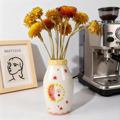 Sun & Moon Face Ceramic Vase - Boho Dried Flower Decor