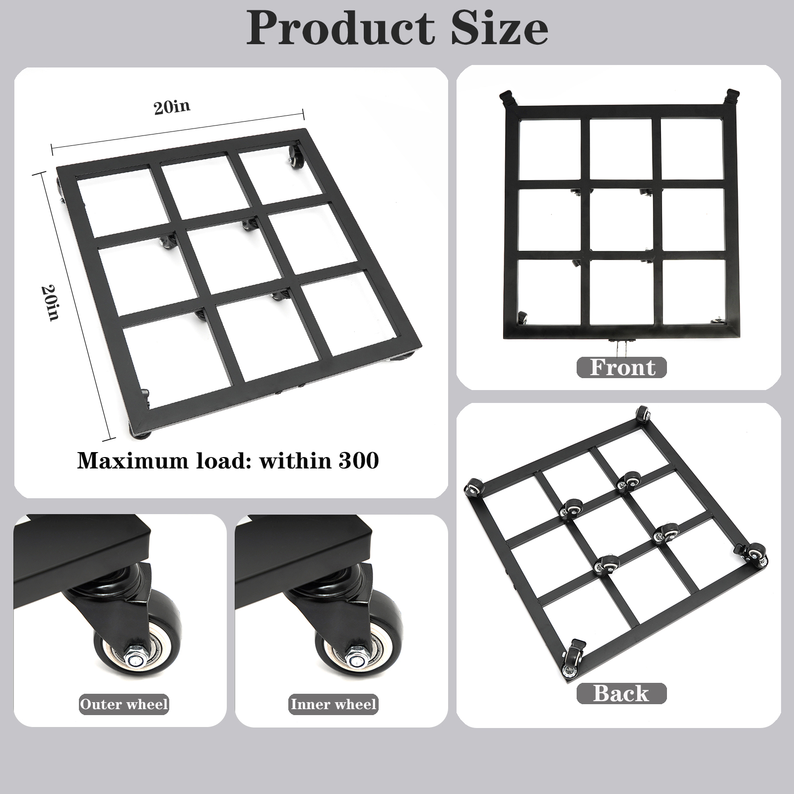 Heavy Duty Square Plant Dolly - 200LB Capacity & Removable Handle