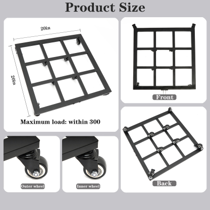 Heavy Duty Square Plant Dolly - 200LB Capacity & Removable Handle