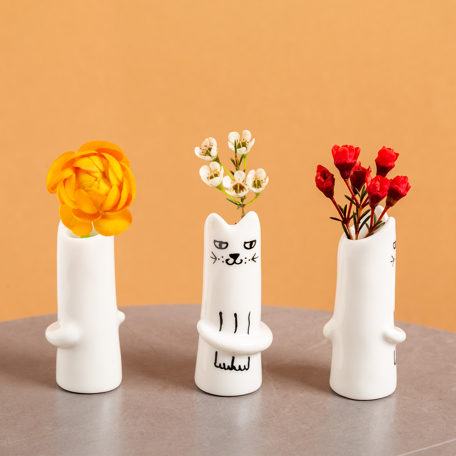 Set of 5 Handmade Ceramic Cat Vases - Mini Floral Decor