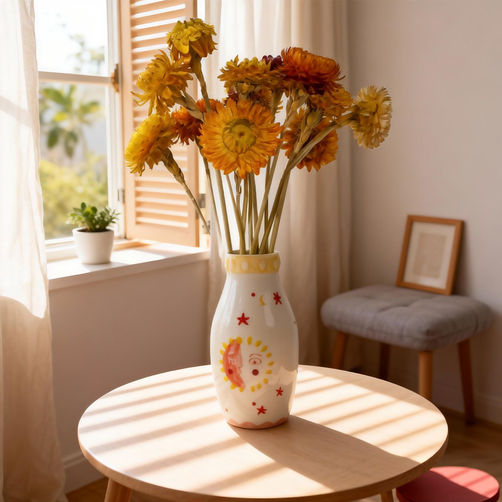Sun & Moon Face Ceramic Vase - Boho Dried Flower Decor