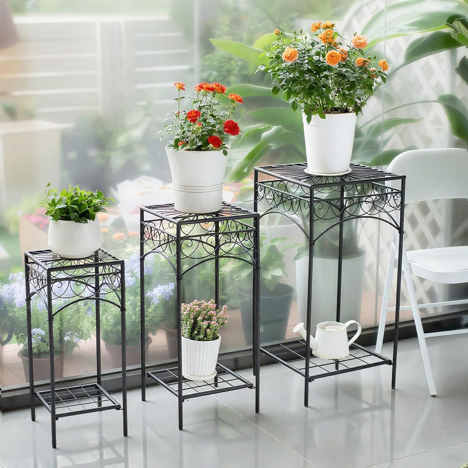 3-Piece Metal Plant Stand Set for Indoor & Outdoor-MOUGIGI