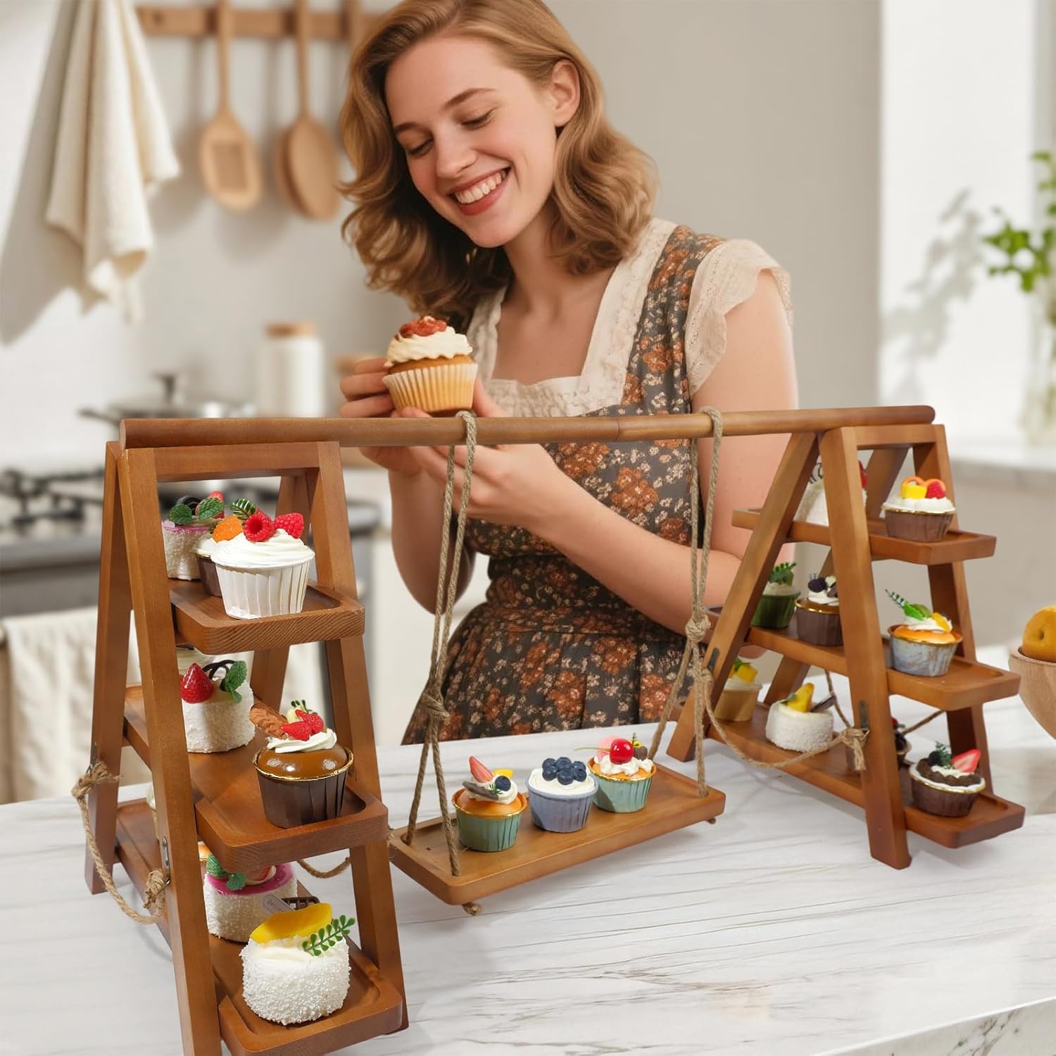Rustic 3-Tier Wood Cupcake Stand - Removable & Foldable-MOUGIGI