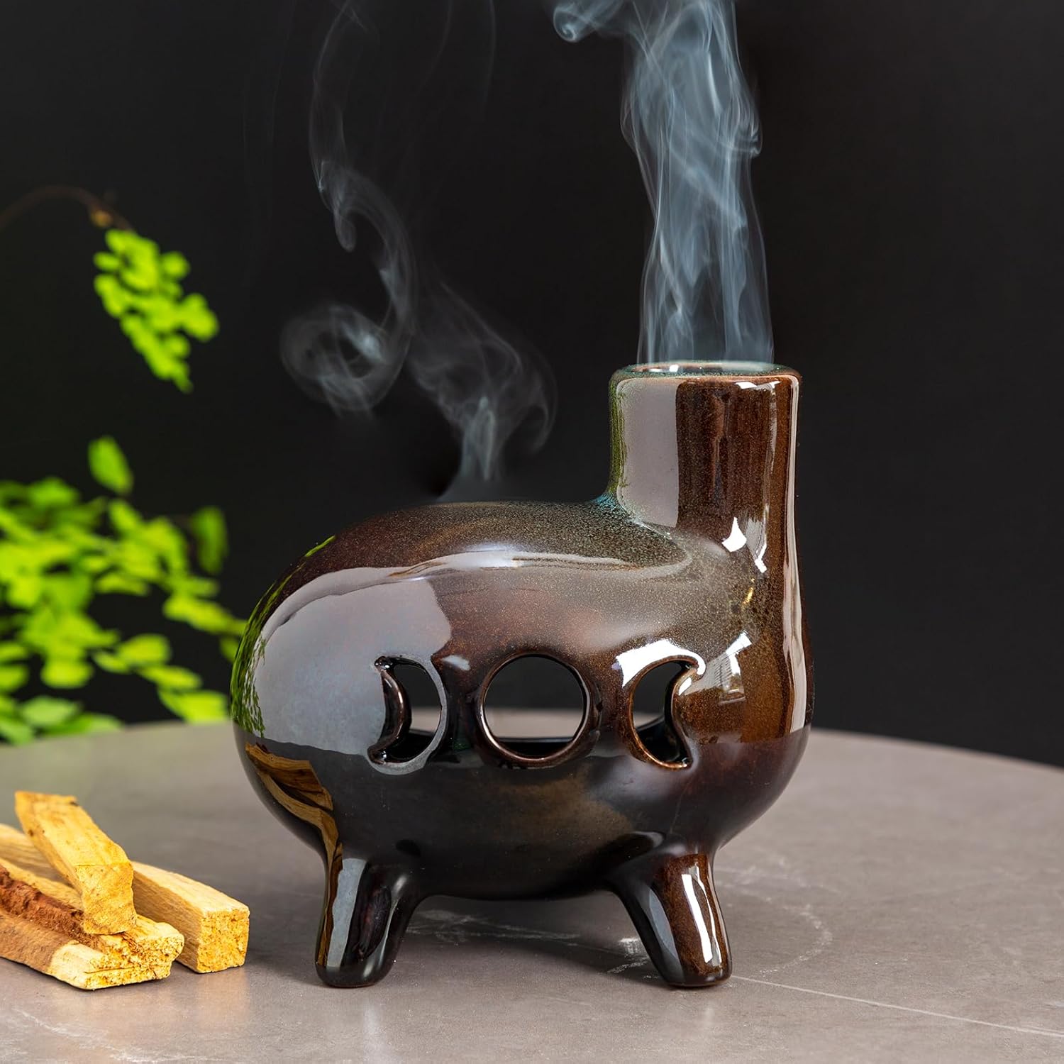 Green Glaze Ceramic Palo Santo Holder - Footed Chimney Burner -MOUGIGI