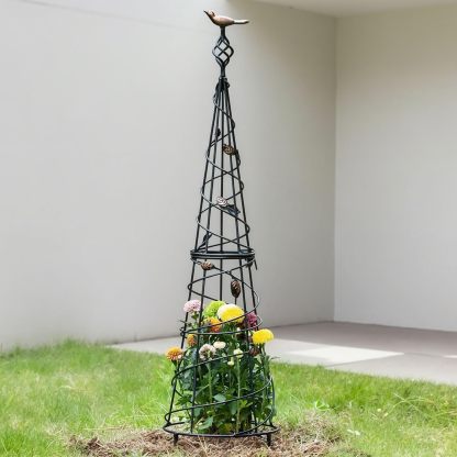 40.5in Metal Garden Obelisk with Bird & Leaf Decor-MOUGIGI