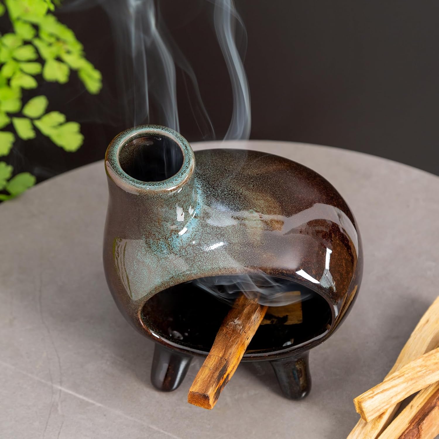 Green Glaze Ceramic Palo Santo Holder - Footed Chimney Burner -MOUGIGI