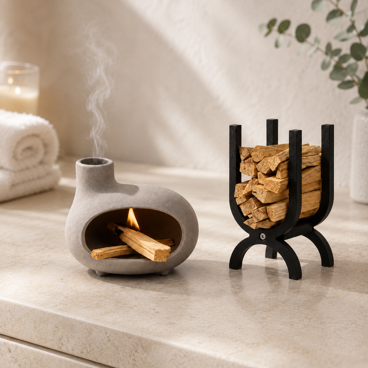 Palo Santo Holder Set with Ceramic Incense Burner & Wooden Storage Rack