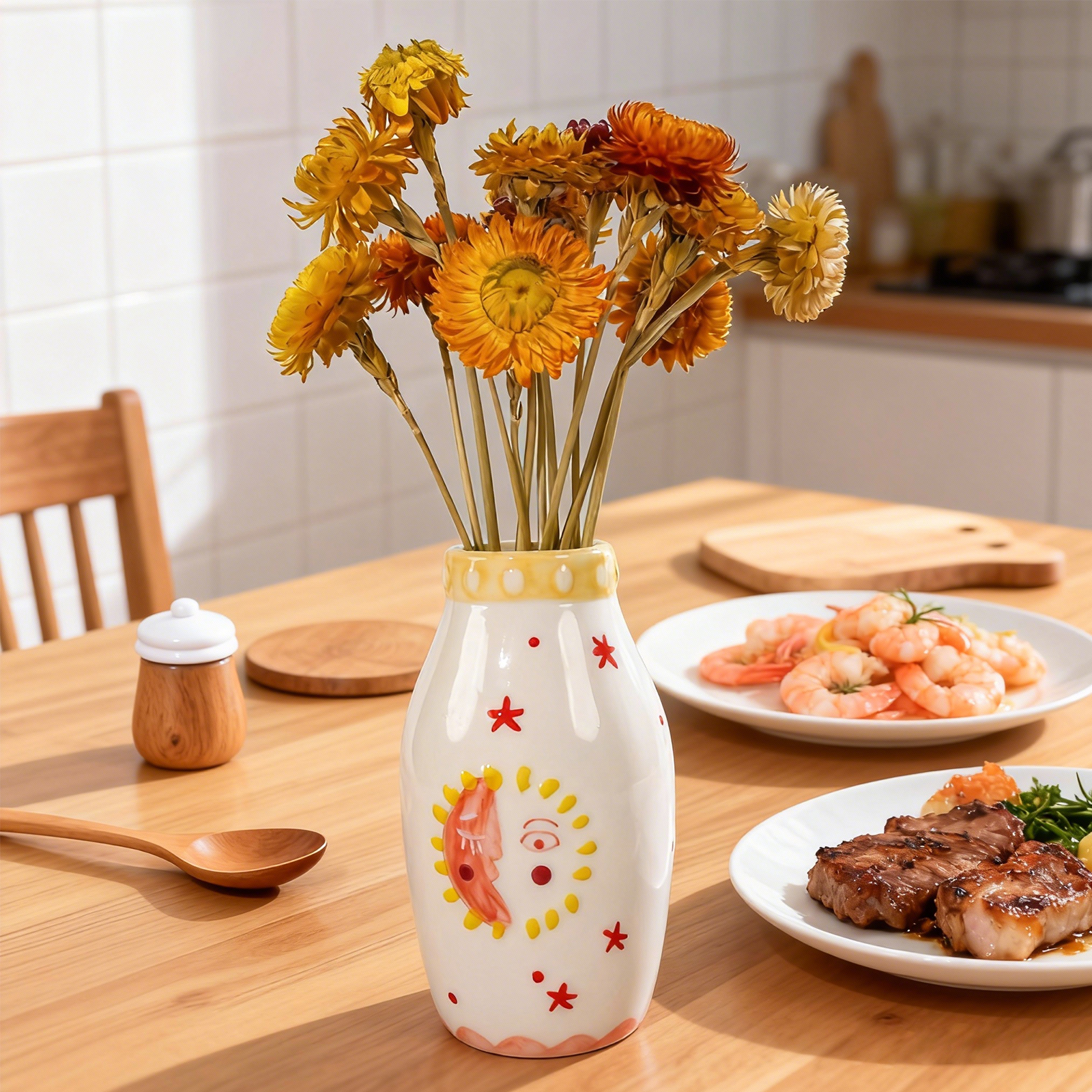 Sun & Moon Face Ceramic Vase - Boho Dried Flower Decor