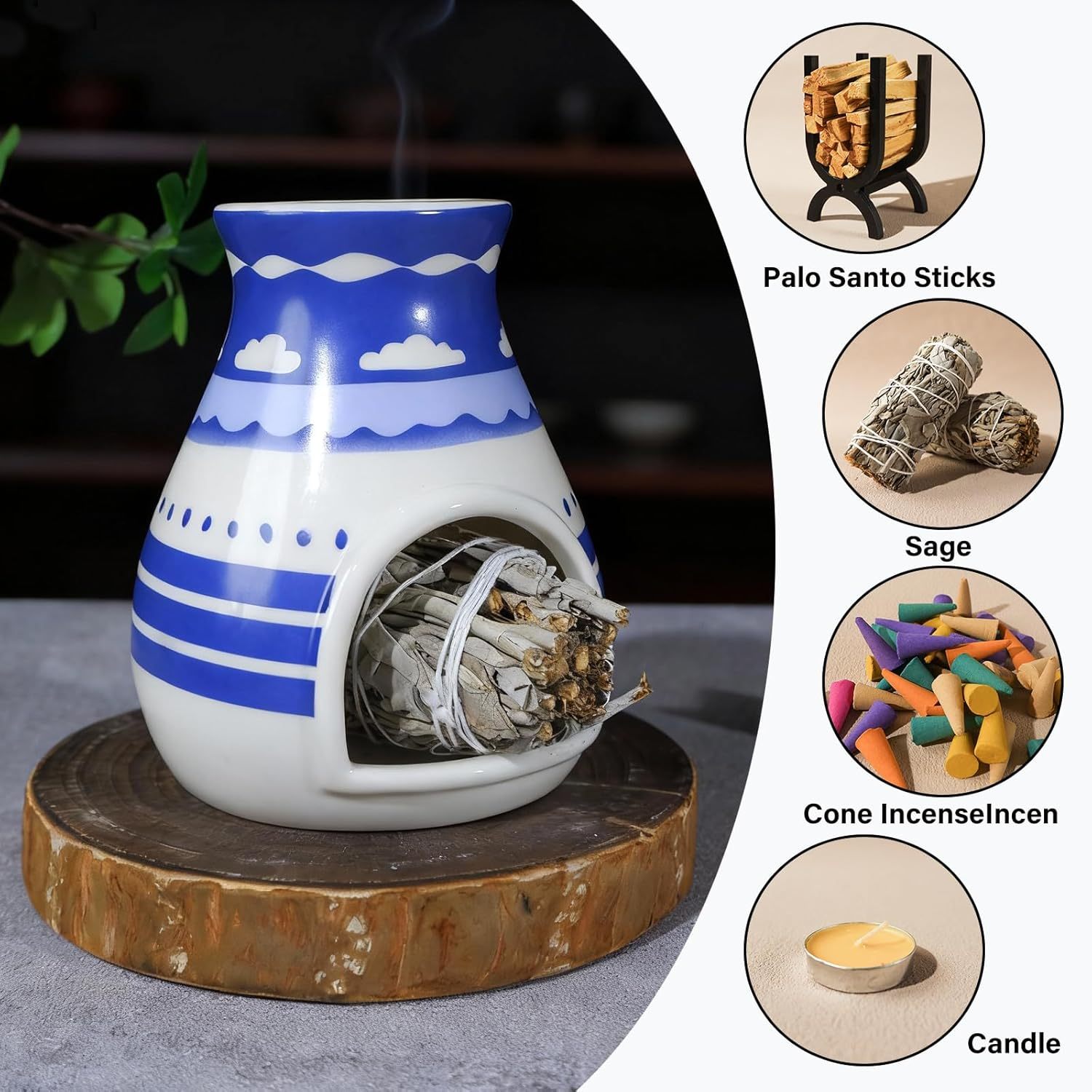 Hopi Blue Ceramic Palo Santo Holder - Spiritual Incense Burner -MOUGIGI