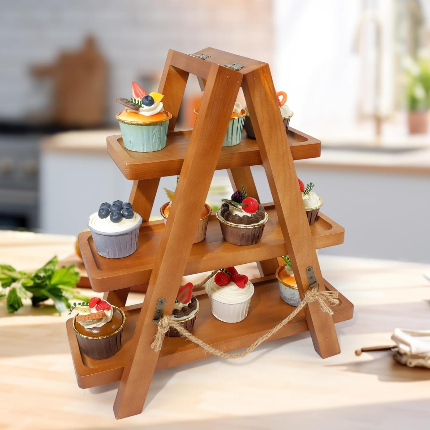 Rustic 3-Tier Wood Cupcake Stand - Removable & Foldable-MOUGIGI