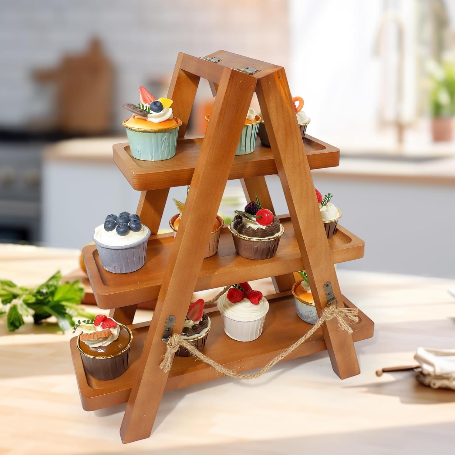 Rustic 3-Tier Wood Cupcake Stand - Removable & Foldable-MOUGIGI