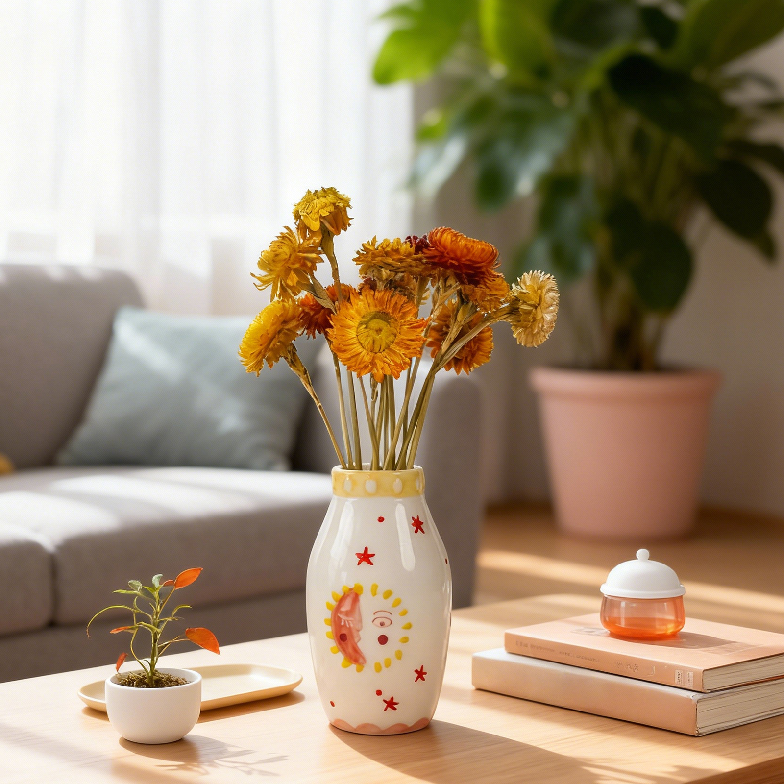 Sun & Moon Face Ceramic Vase - Boho Dried Flower Decor