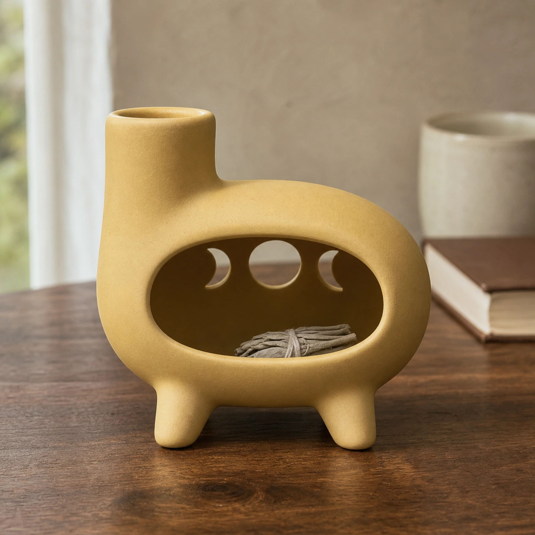 Matte yellow ceramic Palo Santo holder with a small unlit sage bundle in a home setting