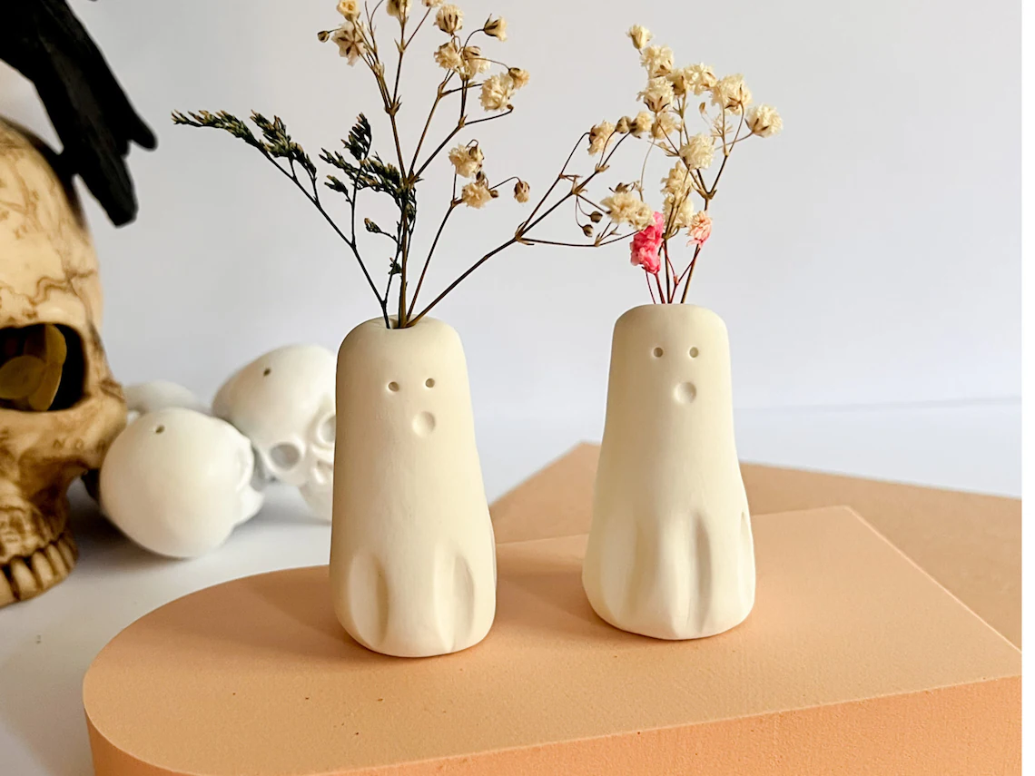 Set of 5 Handmade Ghost Bud Vases - Mini Ceramic Halloween Decor 