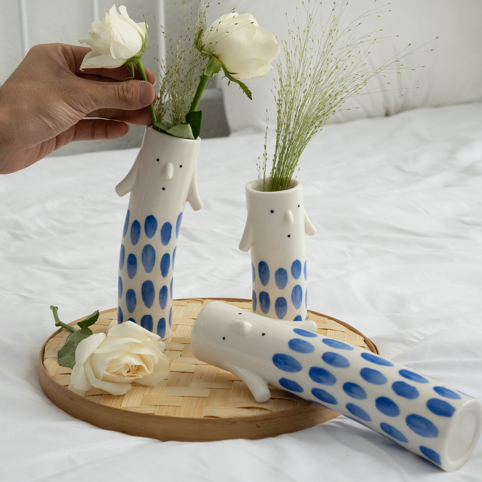 Set of 3 Family Face Vases - Whimsical Ceramic Bud Vase Set 