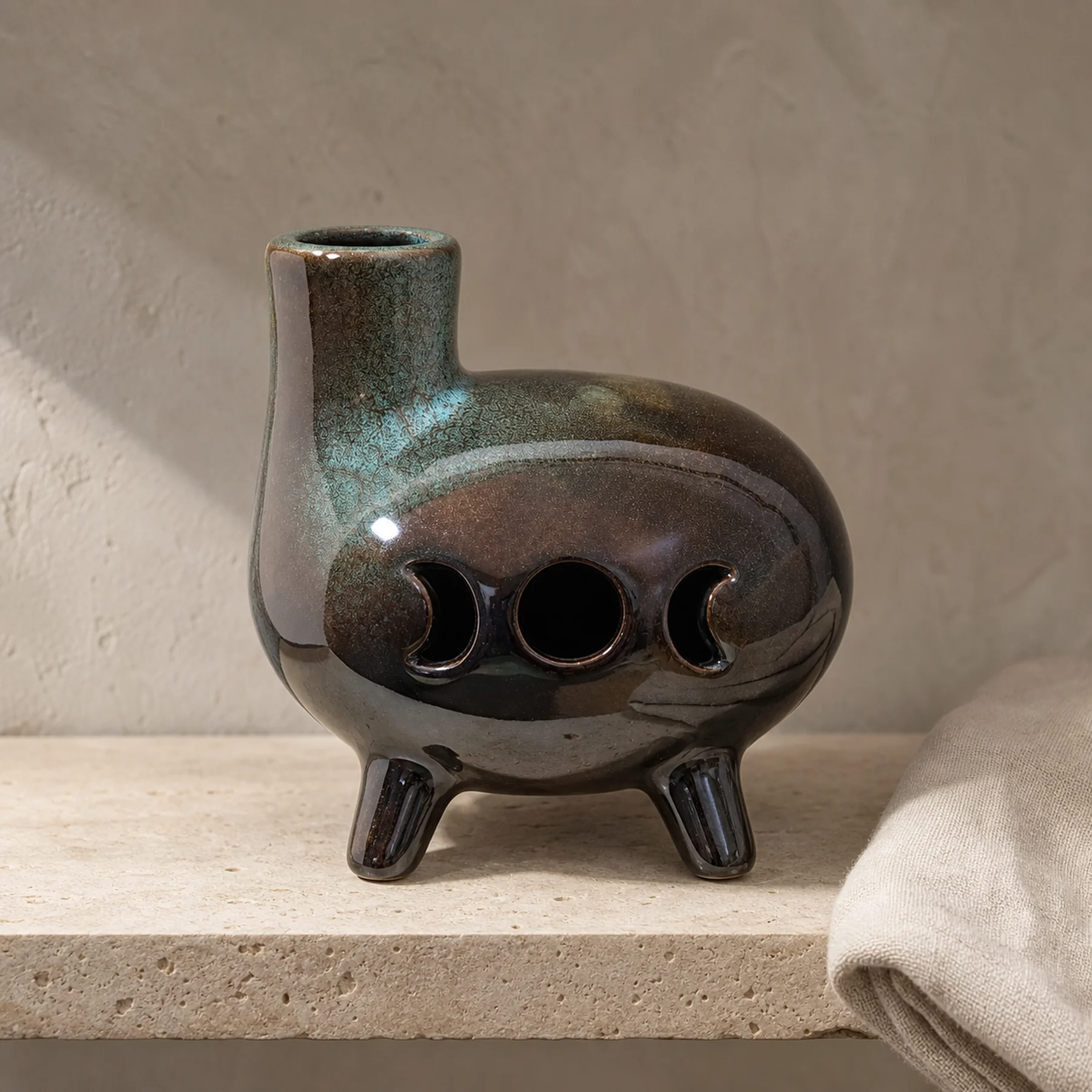 Green glaze ceramic Palo Santo holder rear moon cutouts and reactive glaze detail