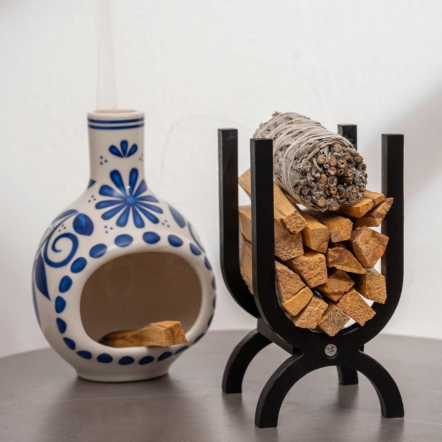 Natural Wood Palo Santo & Sage Holder with Storage-MOUGIGI