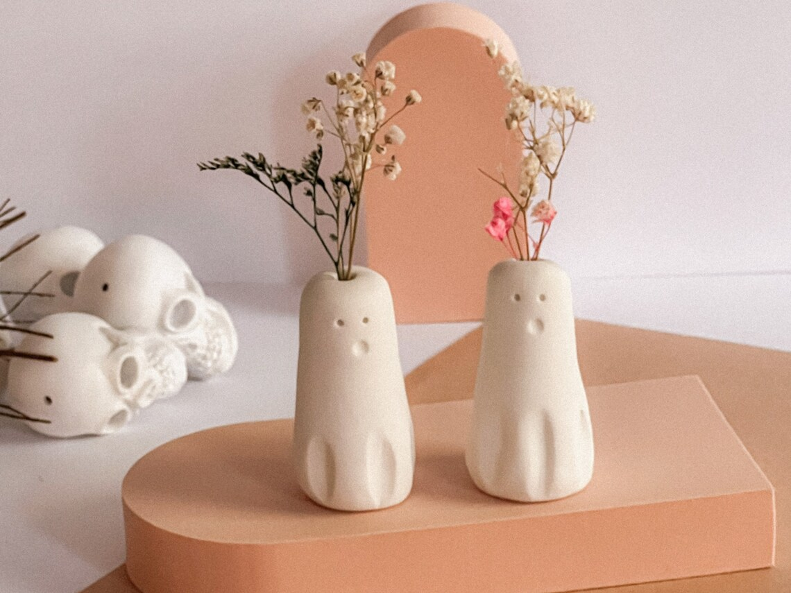 Set of 5 Handmade Ghost Bud Vases - Mini Ceramic Halloween Decor 