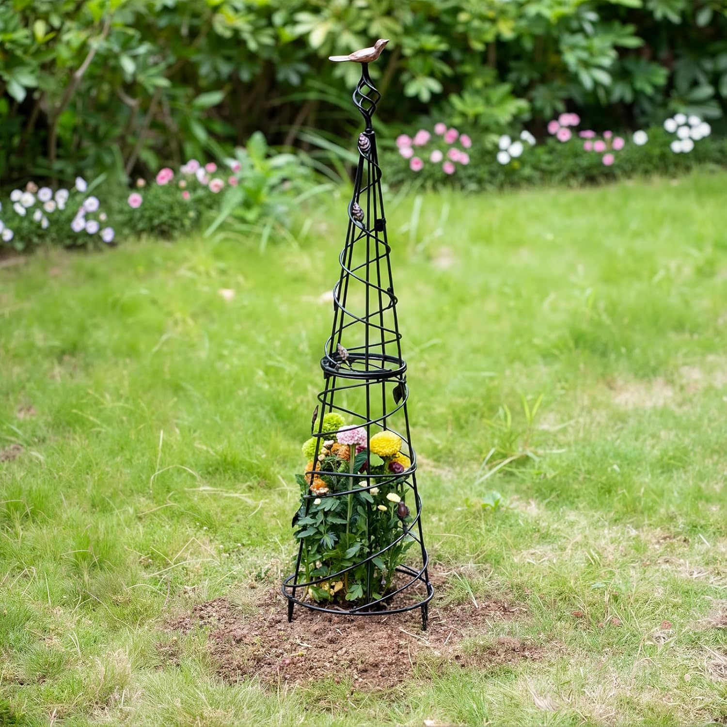 40.5in Metal Garden Obelisk with Bird & Leaf Decor-MOUGIGI