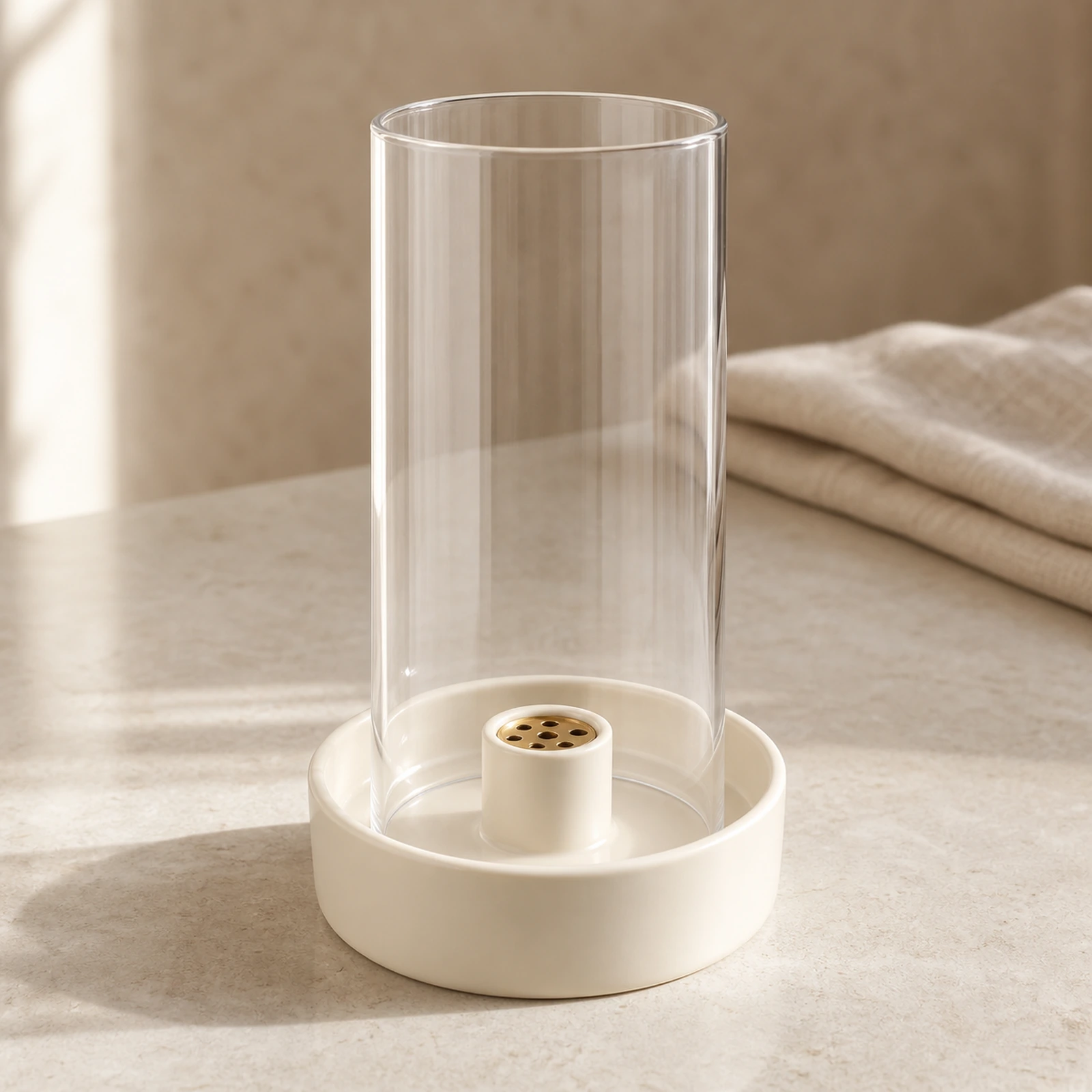 Ivory 9-hole ceramic incense burner with gold insert and removable clear glass cover
