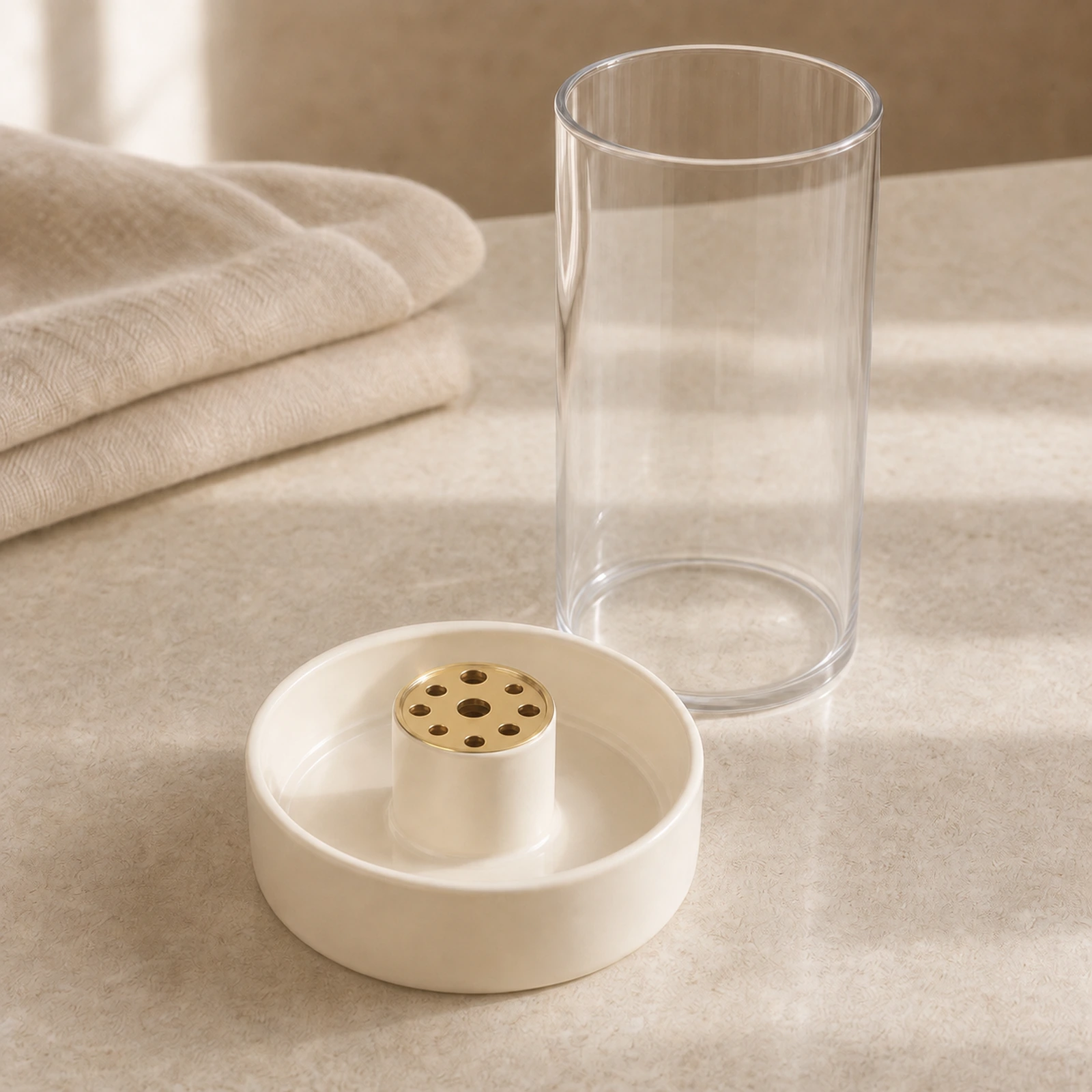 Close view of the gold nine-hole insert with the removable glass cover lifted away