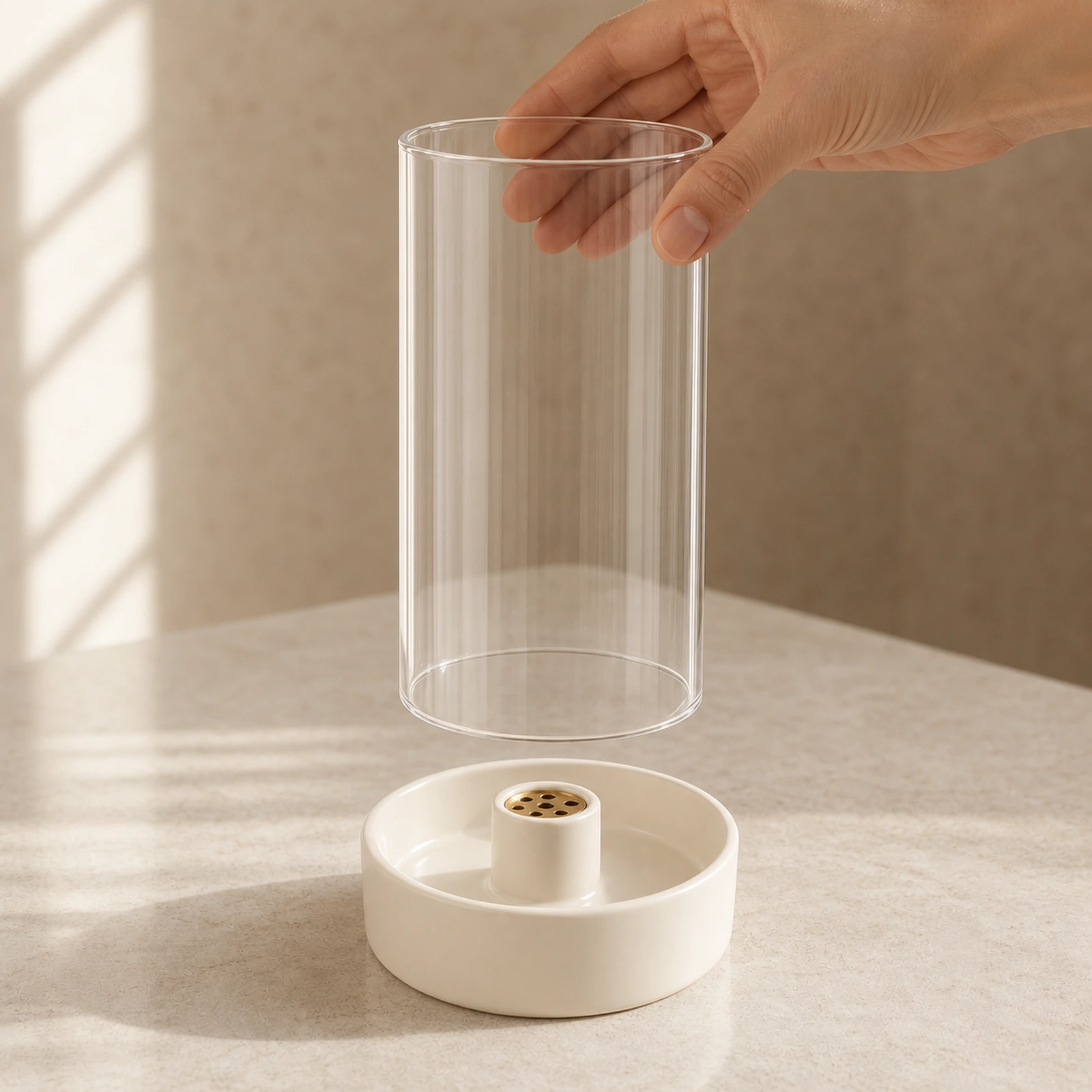 Hand lifting the removable glass cover from the ivory ceramic incense burner