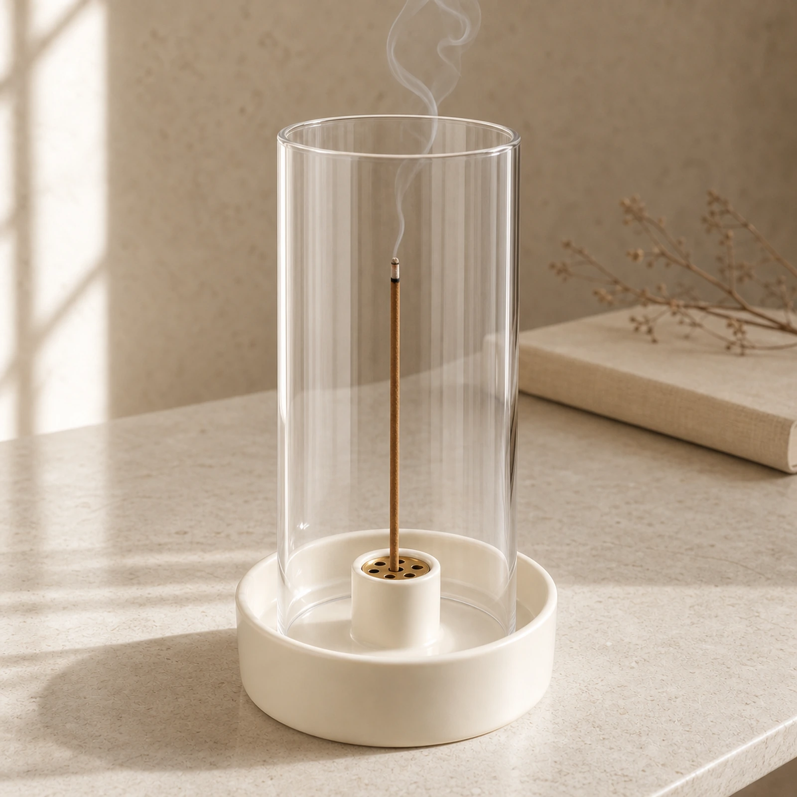 Ivory 9-hole ceramic incense burner with a lit incense stick and smoke rising through the clear glass cover