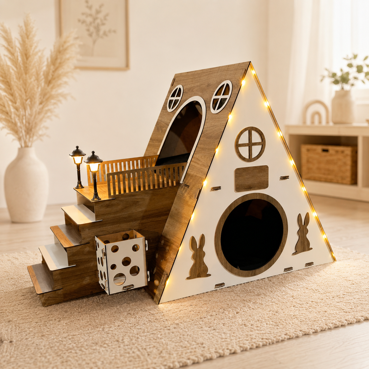 Large Modern Rabbit House - 2-Story Wooden Bunny Habitat