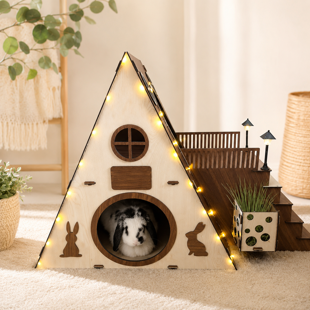 Large Modern Rabbit House - 2-Story Wooden Bunny Habitat