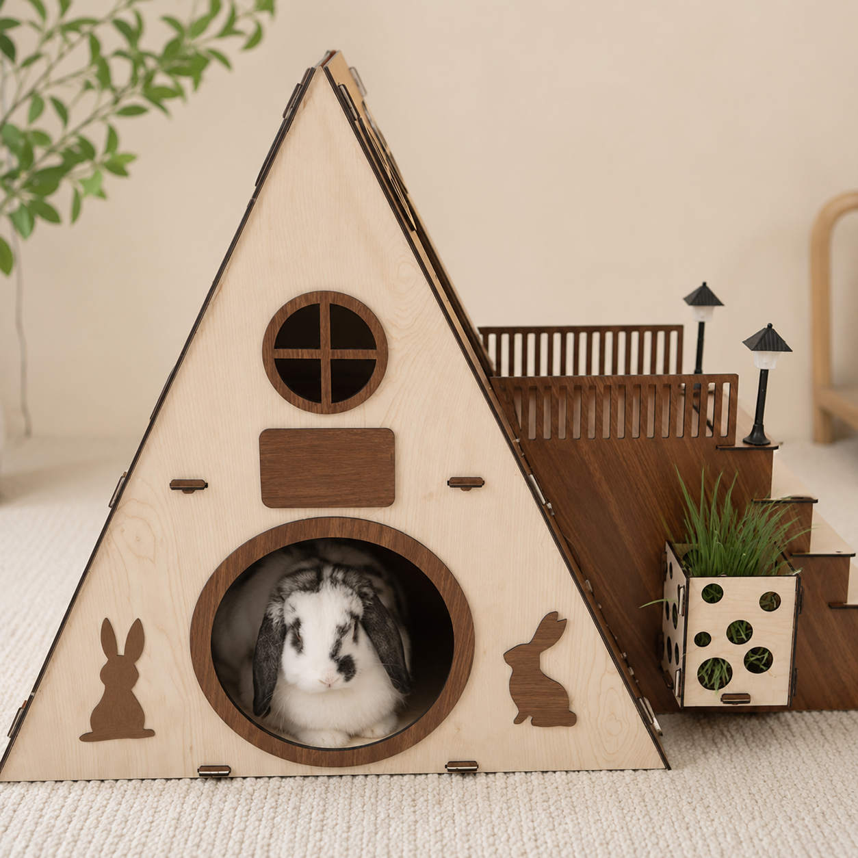 Large Modern Rabbit House - 2-Story Wooden Bunny Habitat