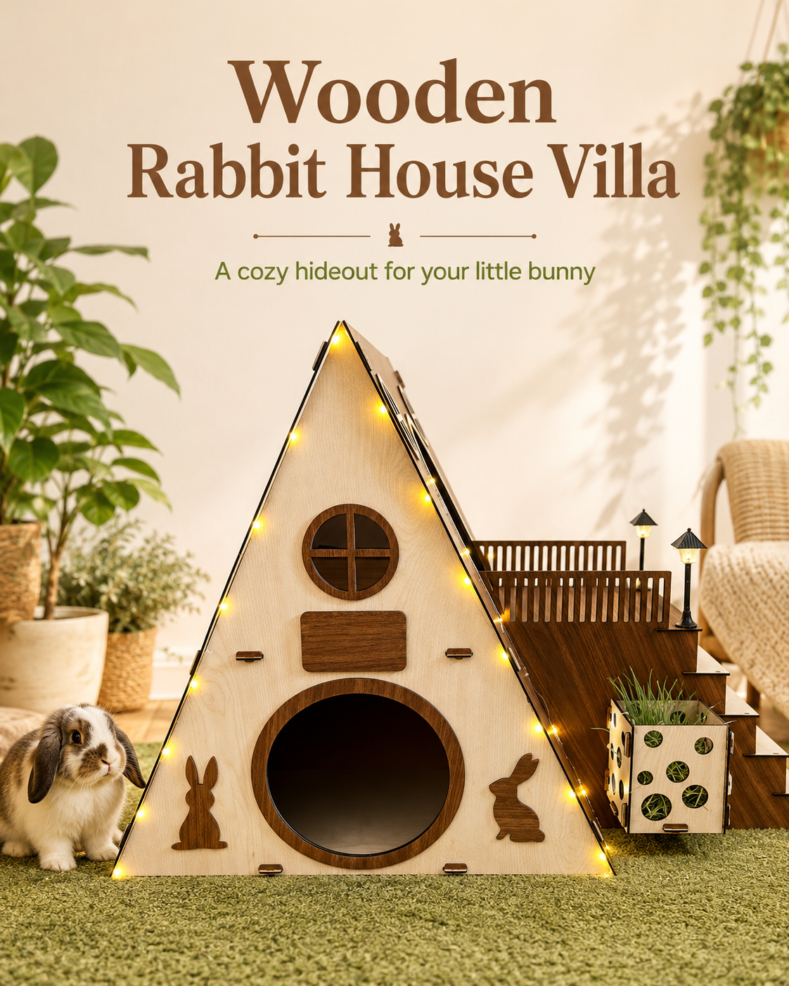 MOUGIGI 2-story wooden rabbit castle indoor bunny house front view