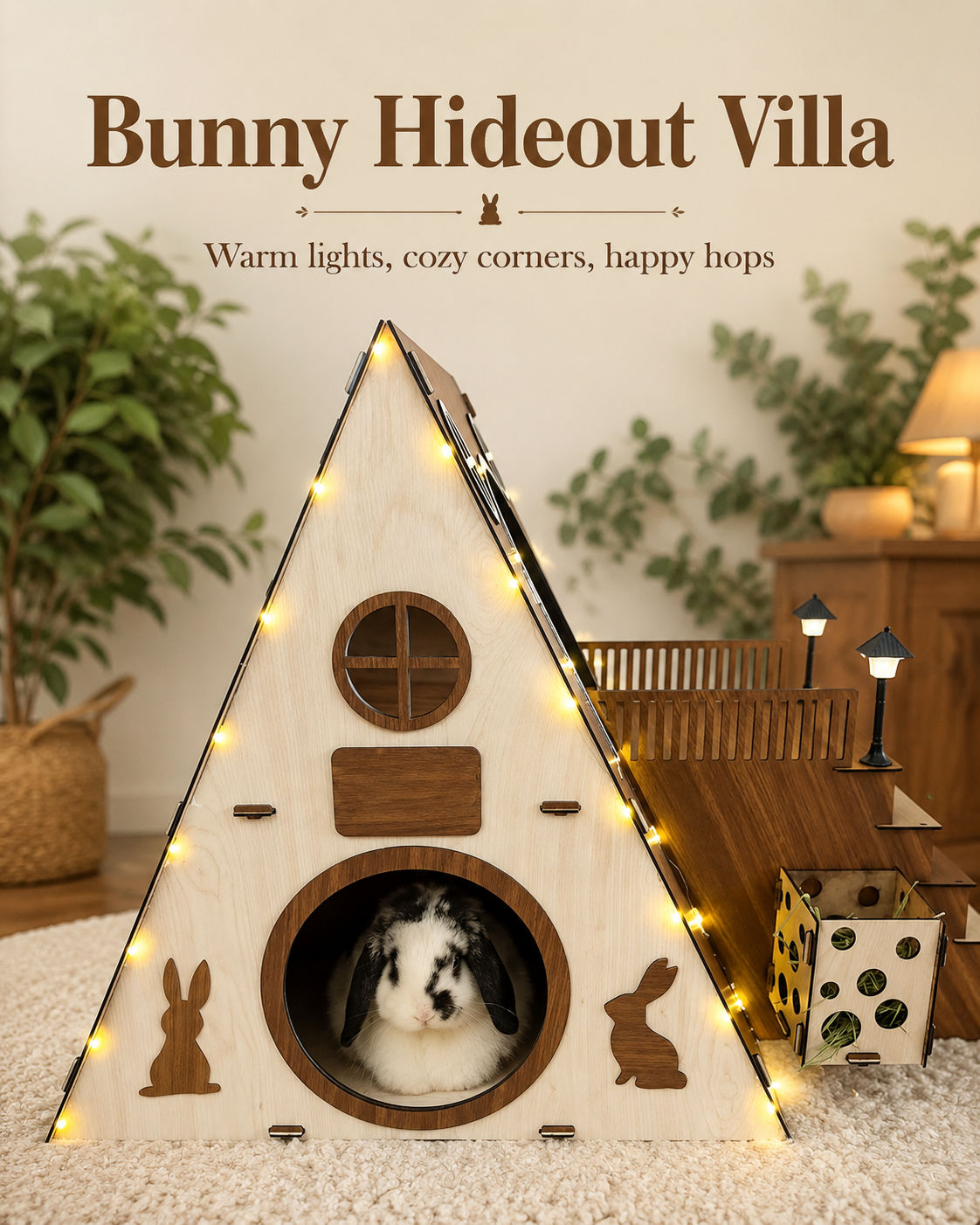 Wooden rabbit castle with stairs balcony and hideout for indoor bunny corner