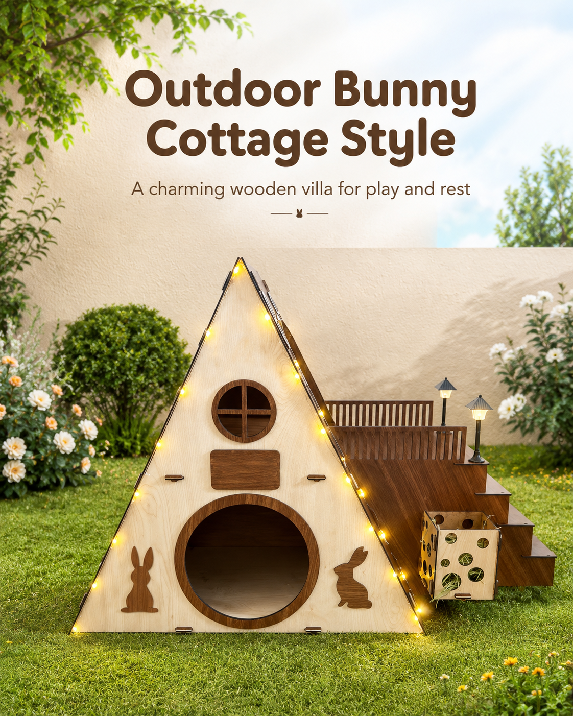 Cozy indoor rabbit house with wooden castle design and decorative windows
