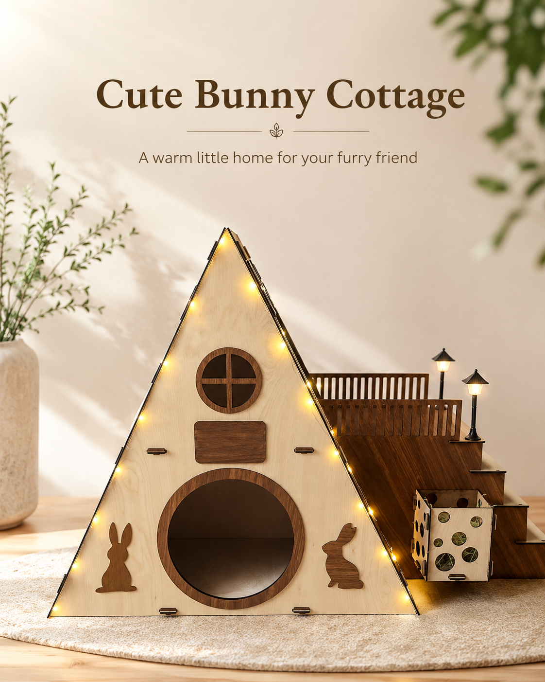 Indoor bunny house styled as a warm wooden rabbit castle