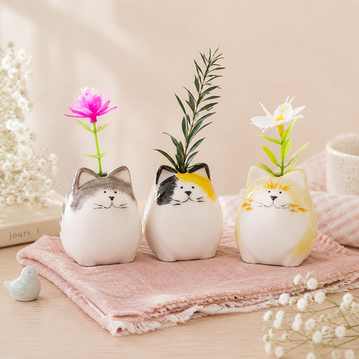 Set of 3 Hand-Painted Ceramic Cat Bud Vases