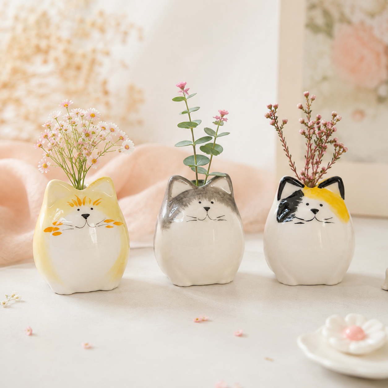 Set of 3 Hand-Painted Ceramic Cat Bud Vases