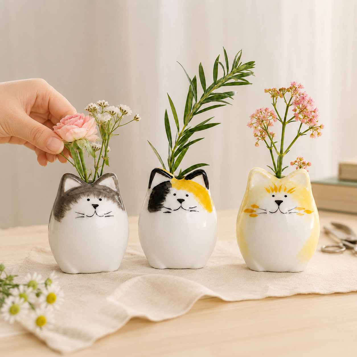 Set of 3 Hand-Painted Ceramic Cat Bud Vases