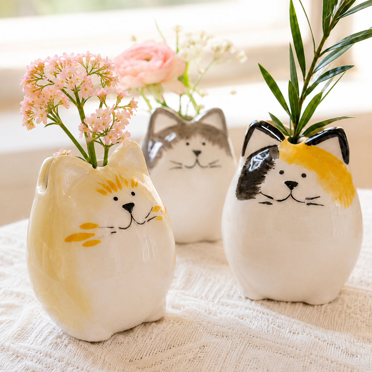 Set of 3 Hand-Painted Ceramic Cat Bud Vases