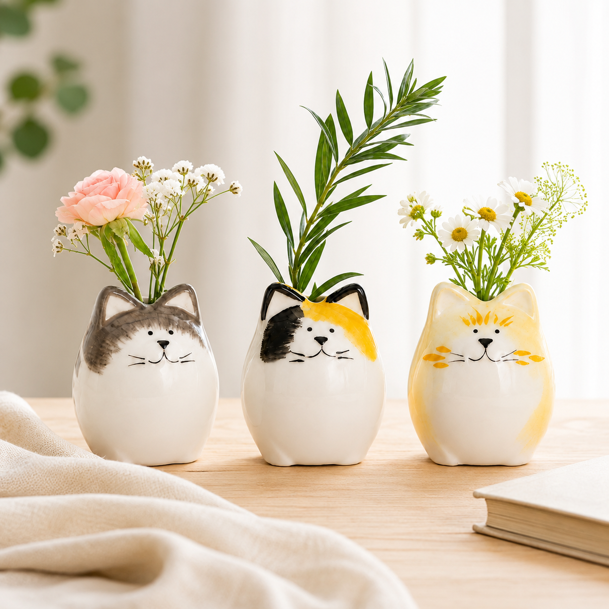 Set of 3 Hand-Painted Ceramic Cat Bud Vases
